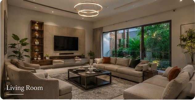 Representational spacious living room with contemporary furnishings